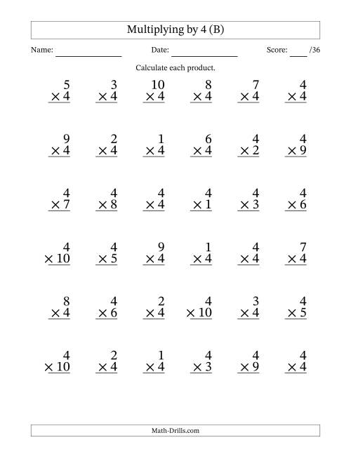 The Multiplying (1 to 10) by 4 (36 Questions) (B) Math Worksheet