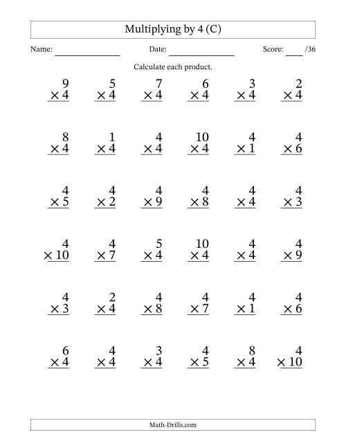 The Multiplying (1 to 10) by 4 (36 Questions) (C) Math Worksheet
