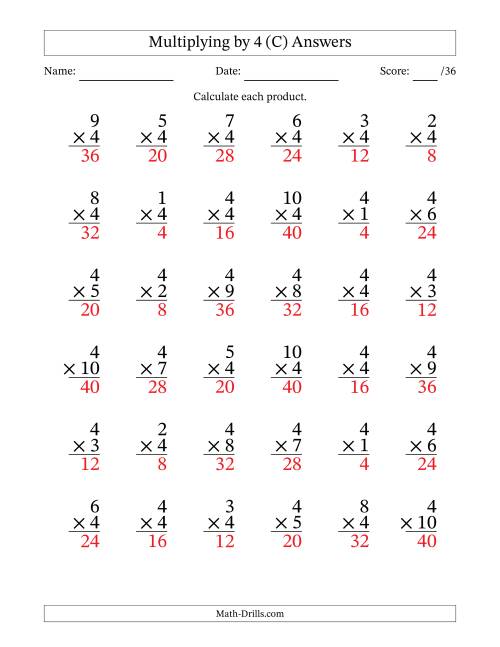 The Multiplying (1 to 10) by 4 (36 Questions) (C) Math Worksheet Page 2