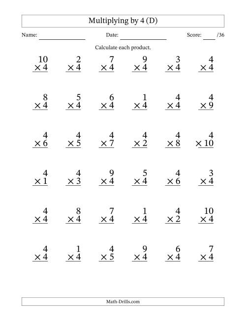 The Multiplying (1 to 10) by 4 (36 Questions) (D) Math Worksheet