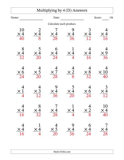 The Multiplying (1 to 10) by 4 (36 Questions) (D) Math Worksheet Page 2