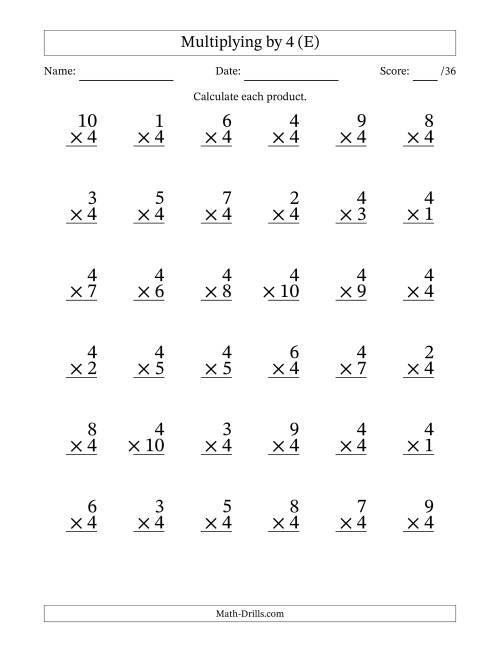 The Multiplying (1 to 10) by 4 (36 Questions) (E) Math Worksheet
