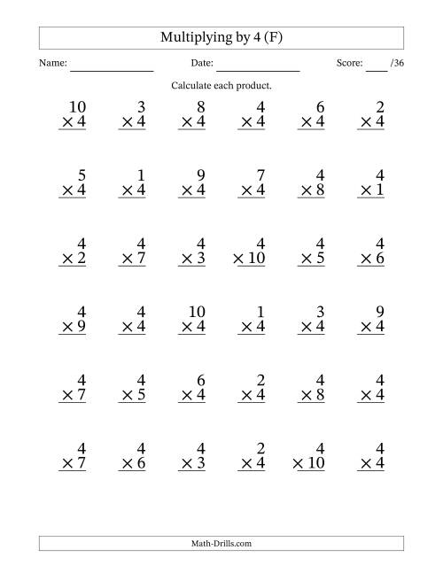 The Multiplying (1 to 10) by 4 (36 Questions) (F) Math Worksheet