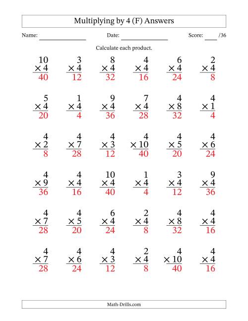 The Multiplying (1 to 10) by 4 (36 Questions) (F) Math Worksheet Page 2