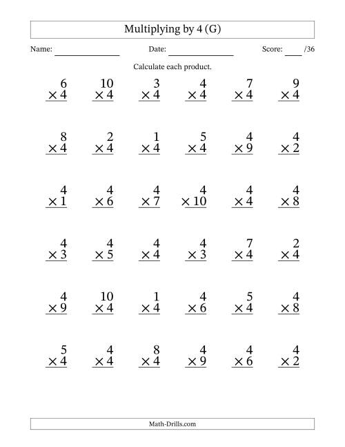 The Multiplying (1 to 10) by 4 (36 Questions) (G) Math Worksheet
