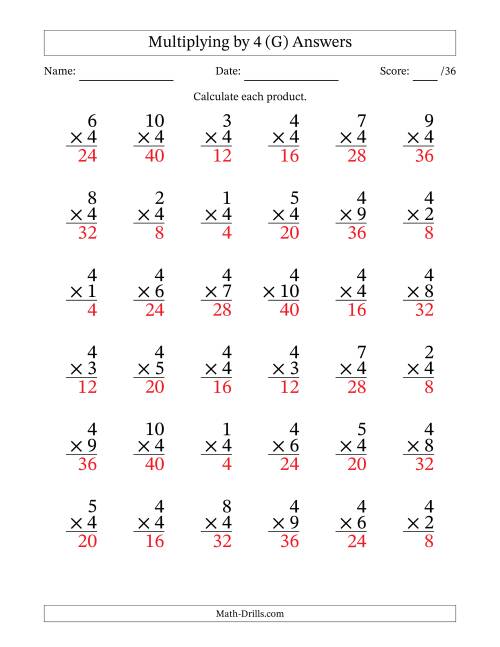 The Multiplying (1 to 10) by 4 (36 Questions) (G) Math Worksheet Page 2