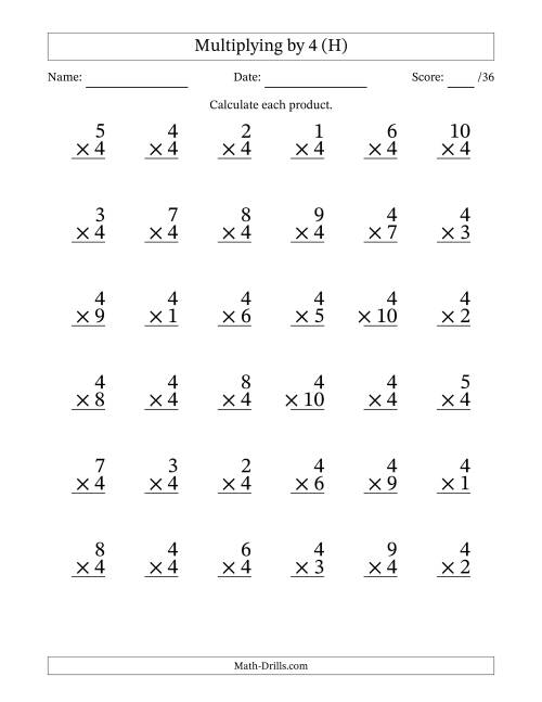 The Multiplying (1 to 10) by 4 (36 Questions) (H) Math Worksheet