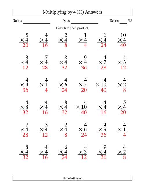 The Multiplying (1 to 10) by 4 (36 Questions) (H) Math Worksheet Page 2