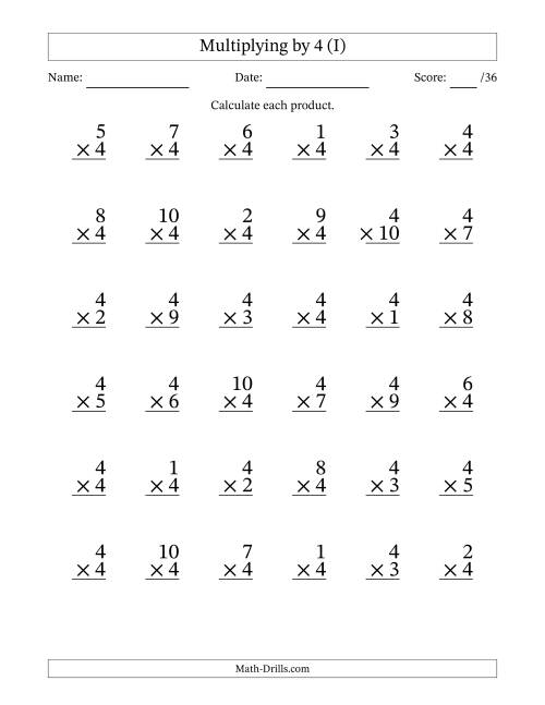 The Multiplying (1 to 10) by 4 (36 Questions) (I) Math Worksheet