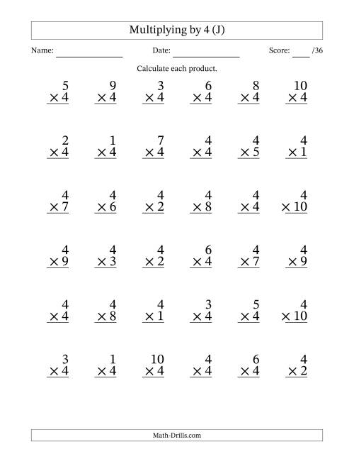 The Multiplying (1 to 10) by 4 (36 Questions) (J) Math Worksheet