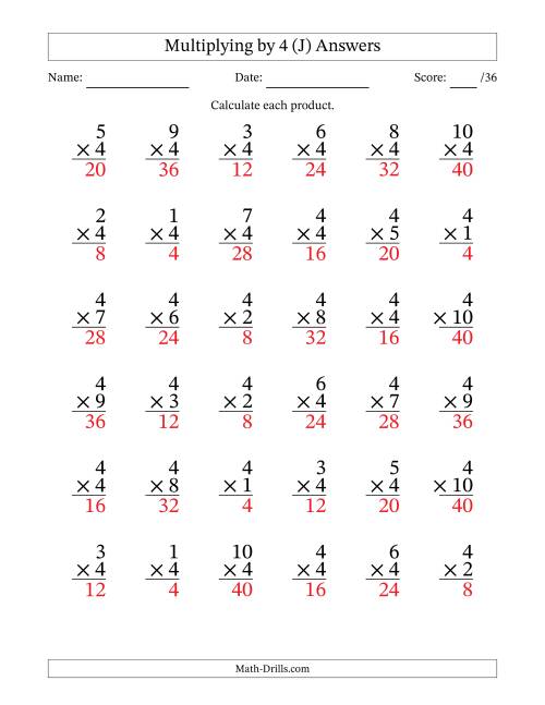 The Multiplying (1 to 10) by 4 (36 Questions) (J) Math Worksheet Page 2