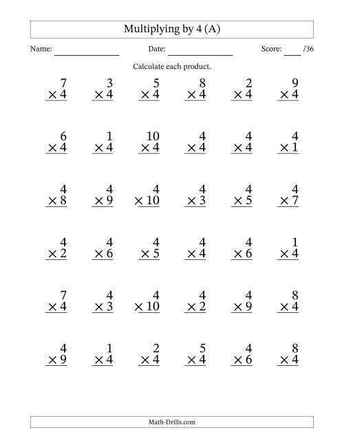 The Multiplying (1 to 10) by 4 (36 Questions) (All) Math Worksheet