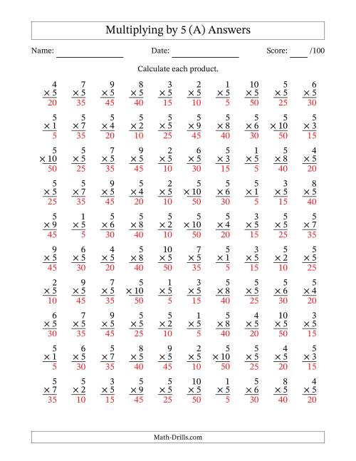 The Multiplying (1 to 10) by 5 (100 Questions) (A) Math Worksheet Page 2