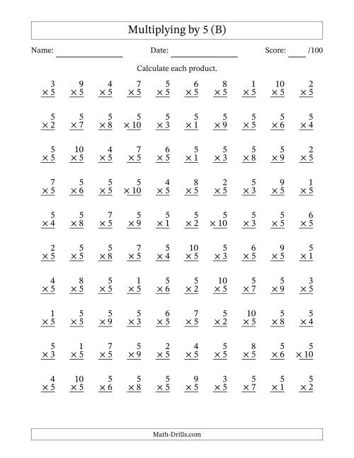 The Multiplying (1 to 10) by 5 (100 Questions) (B) Math Worksheet