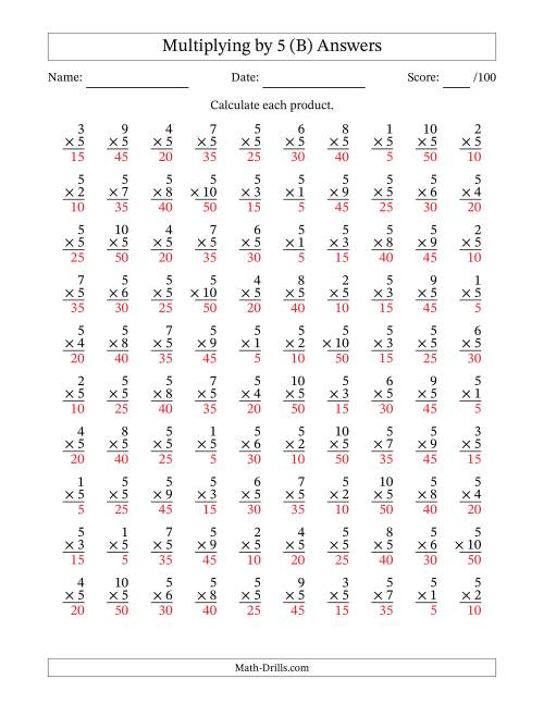 The Multiplying (1 to 10) by 5 (100 Questions) (B) Math Worksheet Page 2