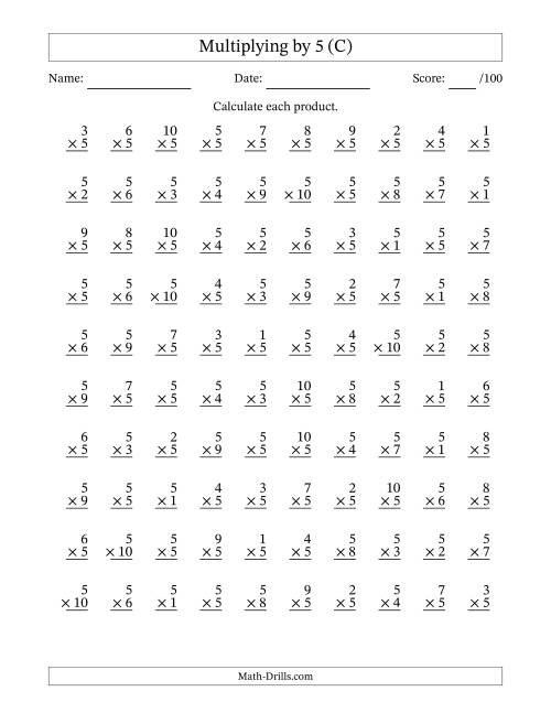 The Multiplying (1 to 10) by 5 (100 Questions) (C) Math Worksheet