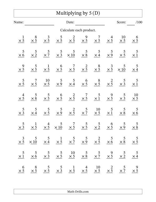 The Multiplying (1 to 10) by 5 (100 Questions) (D) Math Worksheet