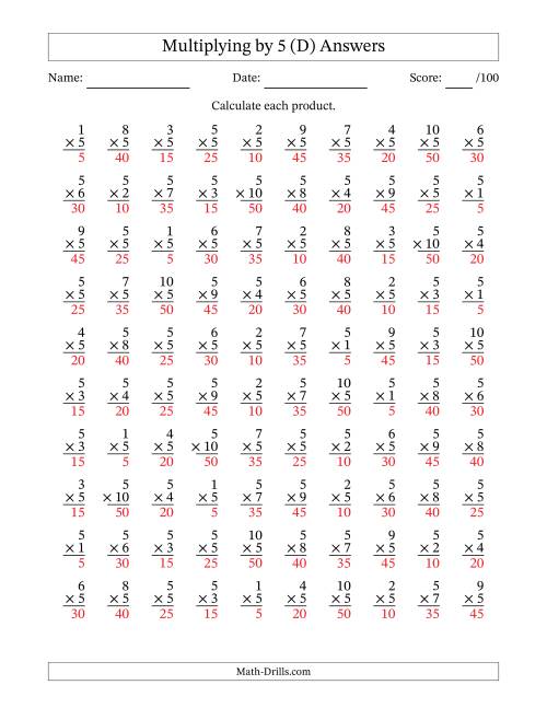 The Multiplying (1 to 10) by 5 (100 Questions) (D) Math Worksheet Page 2