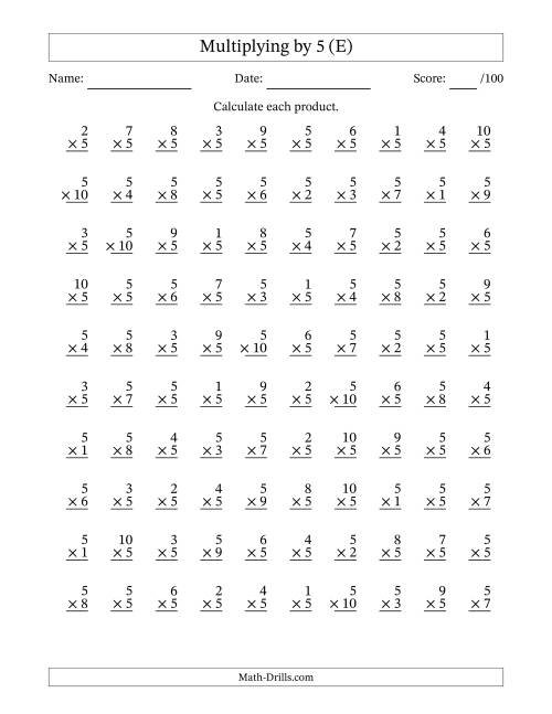 The Multiplying (1 to 10) by 5 (100 Questions) (E) Math Worksheet