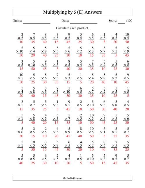 The Multiplying (1 to 10) by 5 (100 Questions) (E) Math Worksheet Page 2