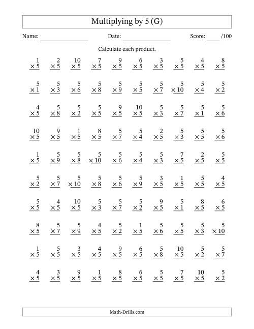 The Multiplying (1 to 10) by 5 (100 Questions) (G) Math Worksheet