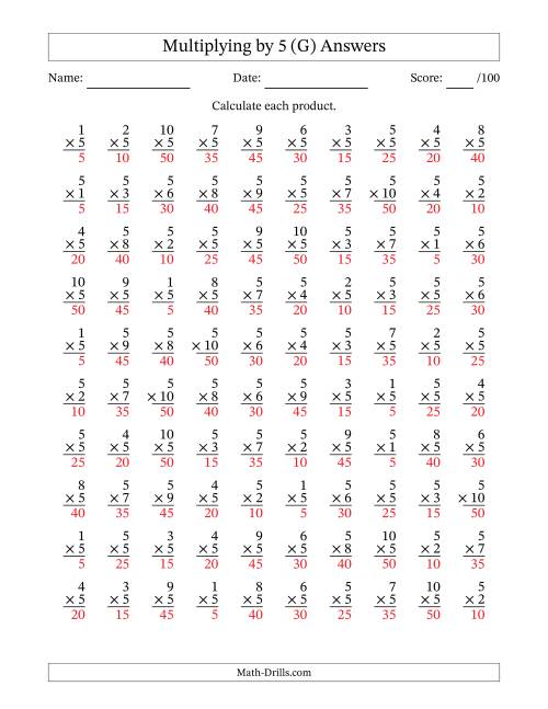 The Multiplying (1 to 10) by 5 (100 Questions) (G) Math Worksheet Page 2