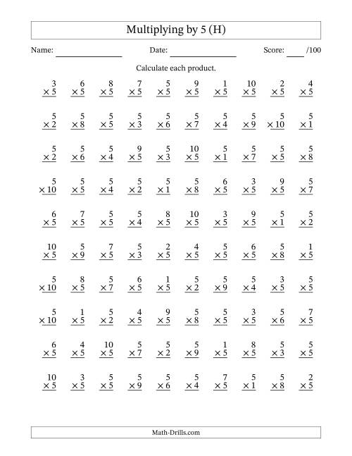 The Multiplying (1 to 10) by 5 (100 Questions) (H) Math Worksheet