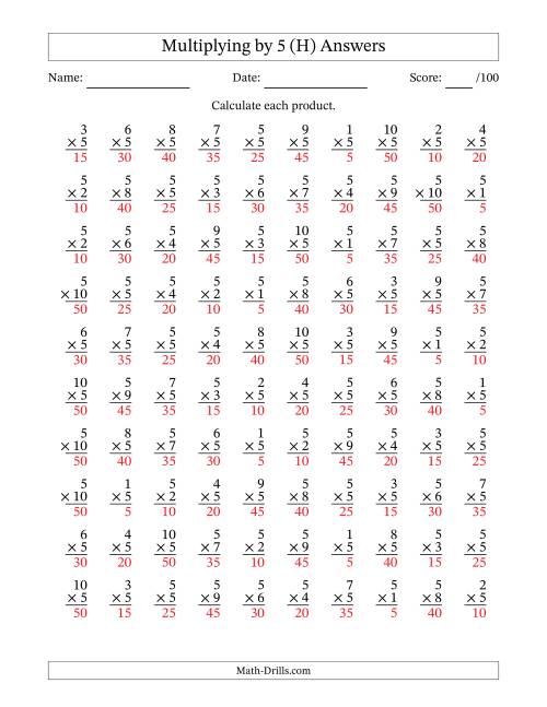 The Multiplying (1 to 10) by 5 (100 Questions) (H) Math Worksheet Page 2