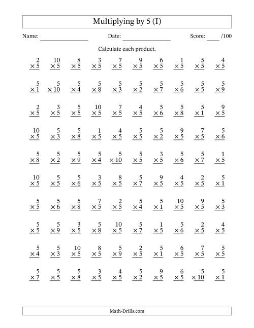 The Multiplying (1 to 10) by 5 (100 Questions) (I) Math Worksheet
