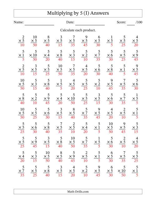 The Multiplying (1 to 10) by 5 (100 Questions) (I) Math Worksheet Page 2