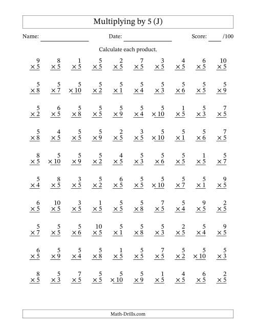 The Multiplying (1 to 10) by 5 (100 Questions) (J) Math Worksheet