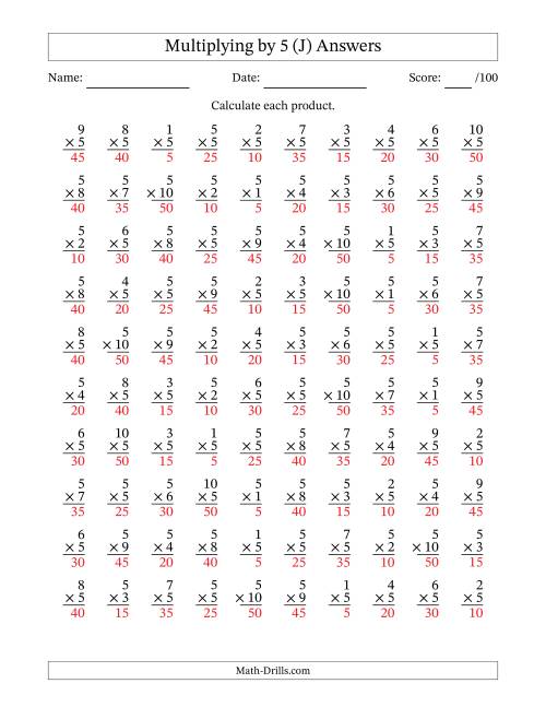 The Multiplying (1 to 10) by 5 (100 Questions) (J) Math Worksheet Page 2