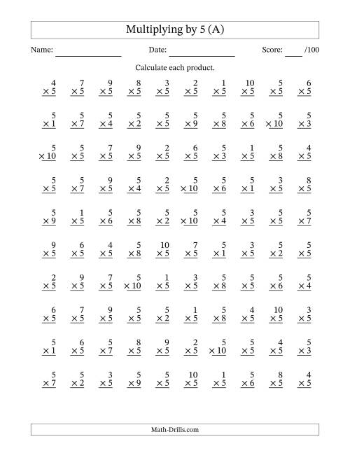 The Multiplying (1 to 10) by 5 (100 Questions) (All) Math Worksheet