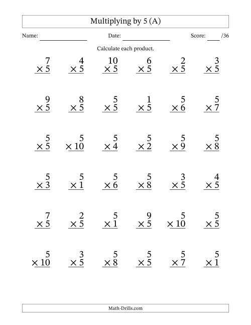 The Multiplying (1 to 10) by 5 (36 Questions) (A) Math Worksheet