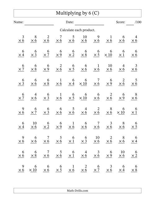 The Multiplying (1 to 10) by 6 (100 Questions) (C) Math Worksheet