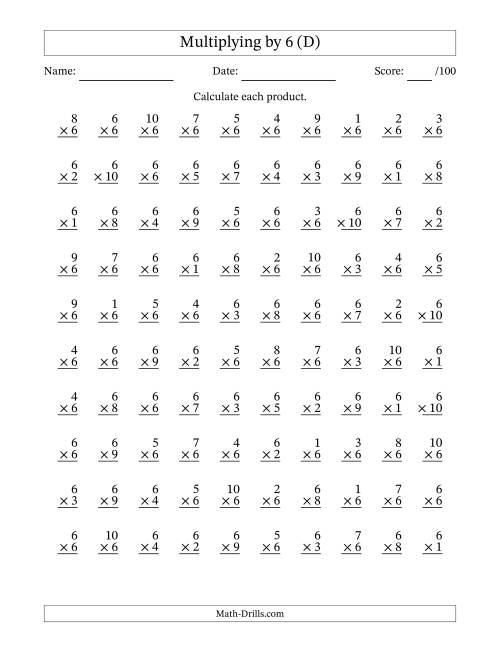 The Multiplying (1 to 10) by 6 (100 Questions) (D) Math Worksheet