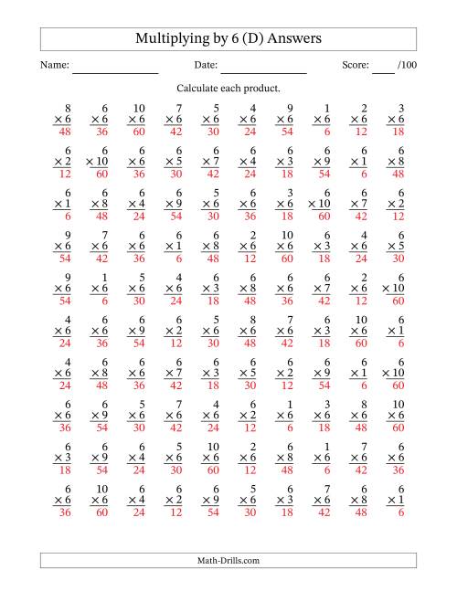 The Multiplying (1 to 10) by 6 (100 Questions) (D) Math Worksheet Page 2