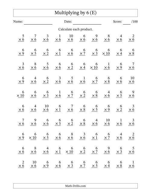 The Multiplying (1 to 10) by 6 (100 Questions) (E) Math Worksheet