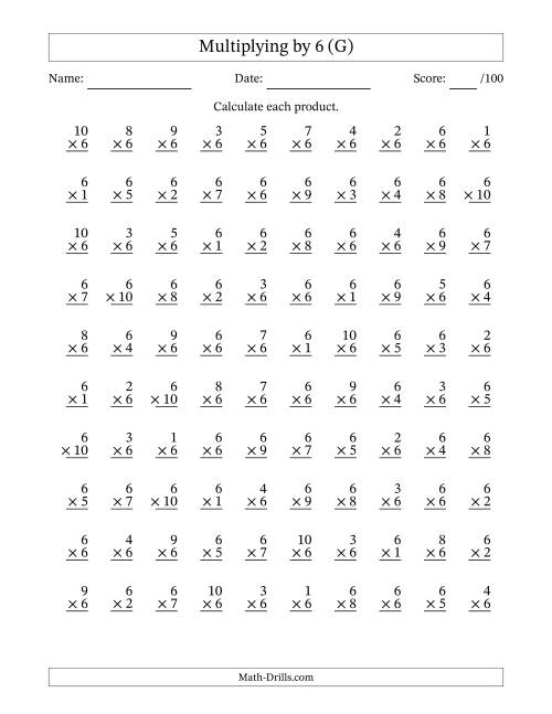 The Multiplying (1 to 10) by 6 (100 Questions) (G) Math Worksheet