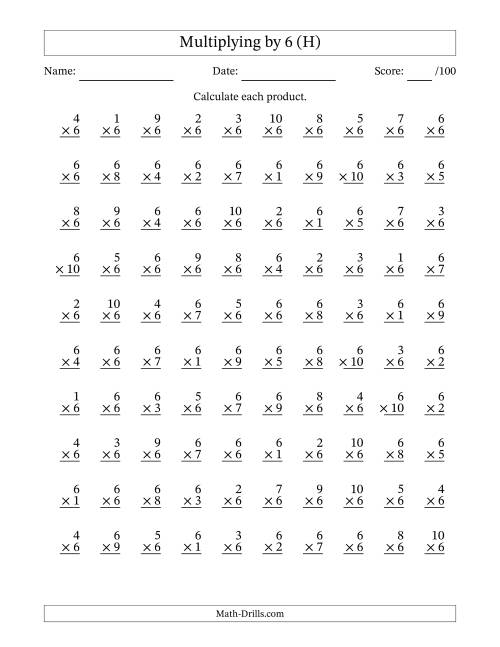 The Multiplying (1 to 10) by 6 (100 Questions) (H) Math Worksheet