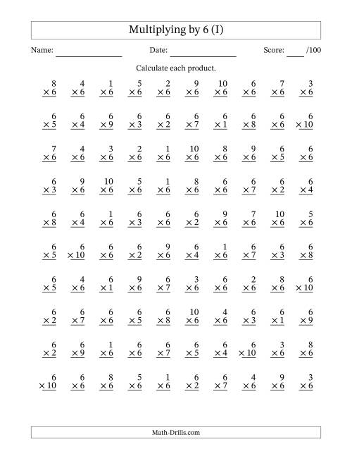 The Multiplying (1 to 10) by 6 (100 Questions) (I) Math Worksheet
