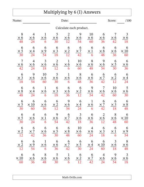 The Multiplying (1 to 10) by 6 (100 Questions) (I) Math Worksheet Page 2
