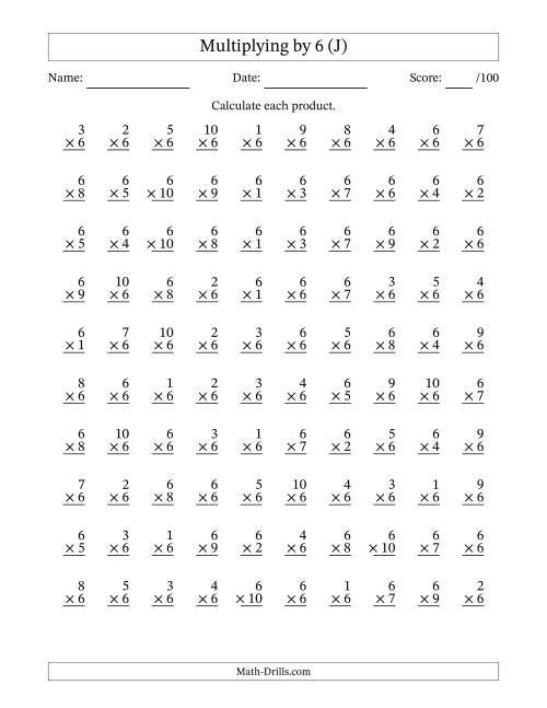 The Multiplying (1 to 10) by 6 (100 Questions) (J) Math Worksheet