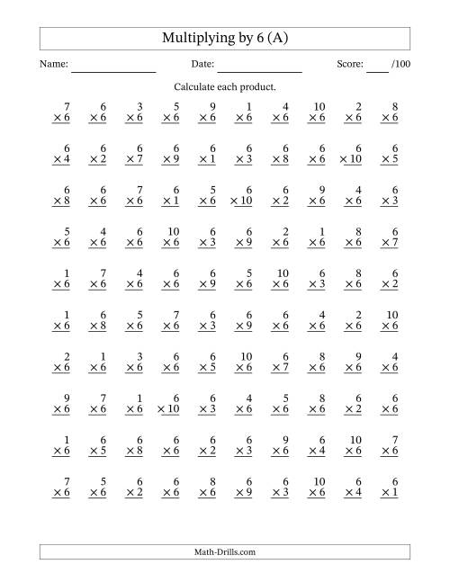 The Multiplying (1 to 10) by 6 (100 Questions) (All) Math Worksheet