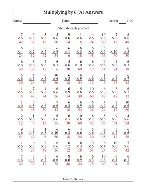 The Multiplying (1 to 10) by 6 (100 Questions) (All) Math Worksheet Page 2