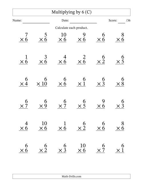 The Multiplying (1 to 10) by 6 (36 Questions) (C) Math Worksheet