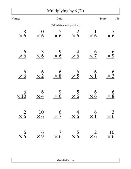 The Multiplying (1 to 10) by 6 (36 Questions) (D) Math Worksheet