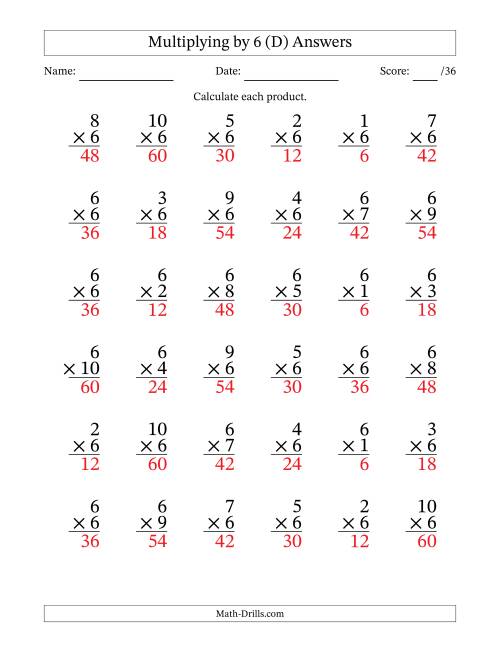 The Multiplying (1 to 10) by 6 (36 Questions) (D) Math Worksheet Page 2