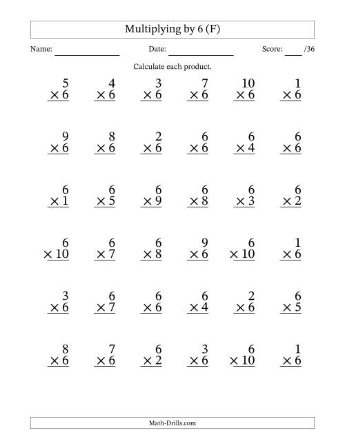 The Multiplying (1 to 10) by 6 (36 Questions) (F) Math Worksheet
