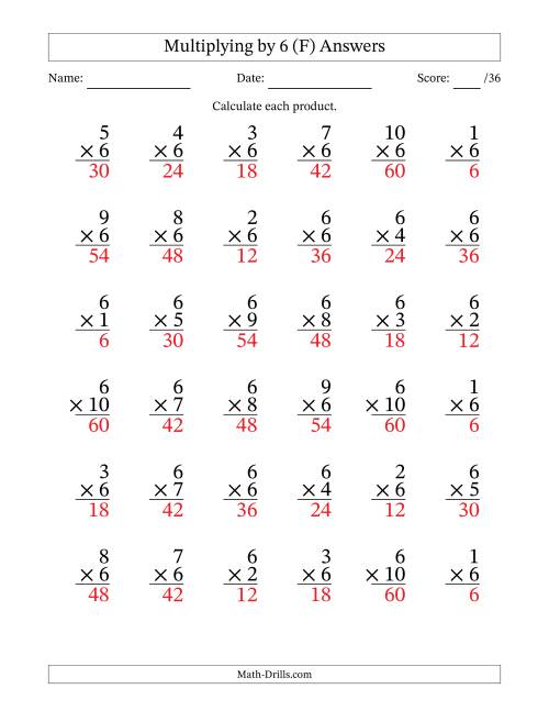 The Multiplying (1 to 10) by 6 (36 Questions) (F) Math Worksheet Page 2